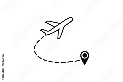 Airplane flight route with destination point minimal vector illustration for travel and vacation planning for holidays and business trips on white background