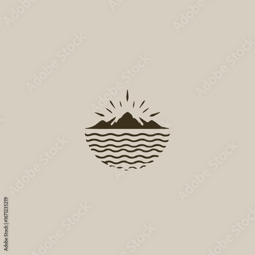 Wallpaper Mural A minimalist design showcases a circular logo with mountains rising above stylized waves, reflecting a serene landscape under sun rays. Perfect for nature enthusiasts or outdoor brands. Torontodigital.ca