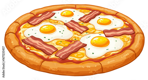 Delicious Breakfast Pizza Topped with Fried Eggs and Crispy Bacon isolated on transparent background