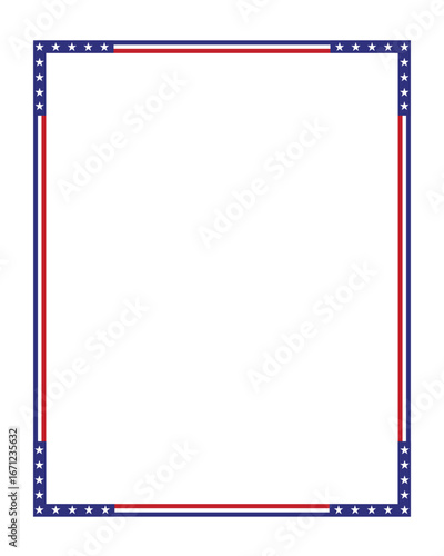 Vertical portrait American flag theme style rectangular square frame or border template USA red blue for independence day document, invitation decorative 4th July patriotic celebrations