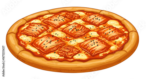 Delicious Korean Kimchi Pizza with Mozzarella Cheese and Sesame Seeds Isolated on Transparent Background