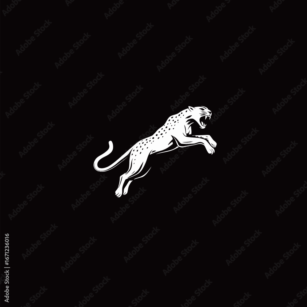 Fototapeta premium A white leopard leaps gracefully with its mouth open, showcasing strength and agility. The bold contrast against the black background emphasizes its powerful form.