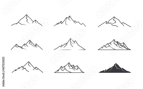 A collection of mountain illustrations features various styles with distinct outlines and elements. Each design varies in detail and shapes, presenting a unique artistic vision of mountains.