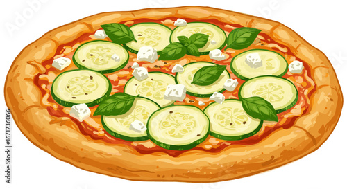 Fresh Delicious Zucchini Feta Cheese Pizza with Basil Leaves Isolated on Transparent Background