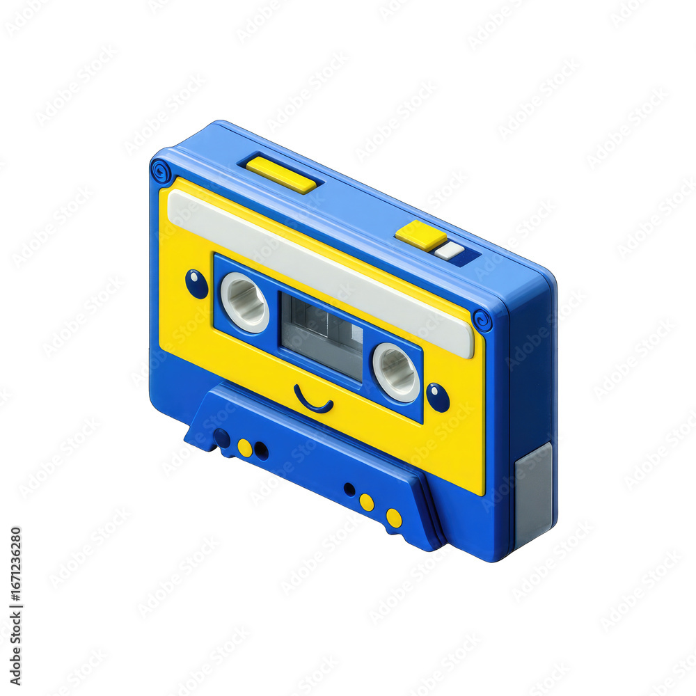 Obraz premium Cartoon cassette tape, blue and yellow, happy face