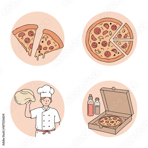Pizza preparation slices, whole pizza, chef, box