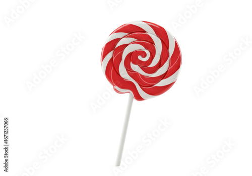 Foto Isolated spiral lollipop candy on a stick, red and white striped hard sugar conf