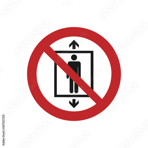 No elevator sign prohibition for disabled people with symbol and red circle isolated on white background caution and danger warning for safety regulations