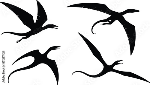 Silhouetted pterodactyls in dynamic flight poses artistically rendered for digital use