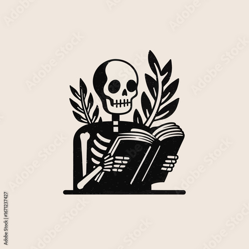 A skeleton holds an open book, displaying an artistic interpretation of knowledge and learning. Decorative leaves frame the scene, enhancing its visual appeal with a touch of nature.