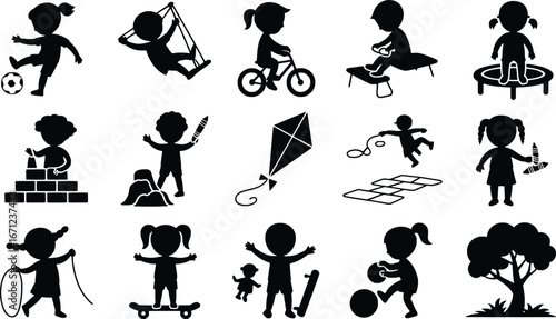 Joyful silhouettes of children engaging in diverse outdoor activities and playful sports