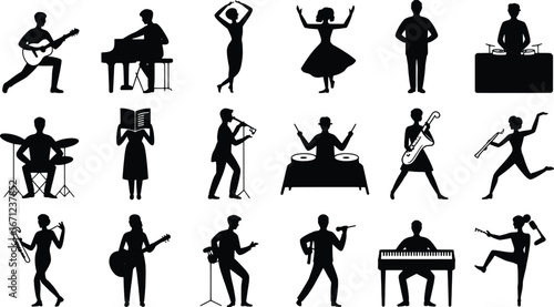 Diverse musical performance silhouettes showcasing musicians playing instruments and singing live