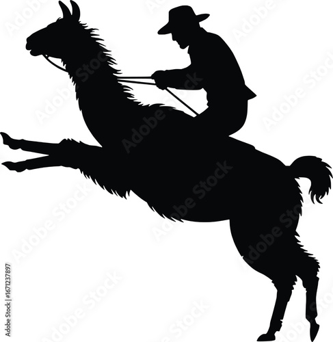 Silhouette of a cowboy riding a bucking horse in mid-air action
