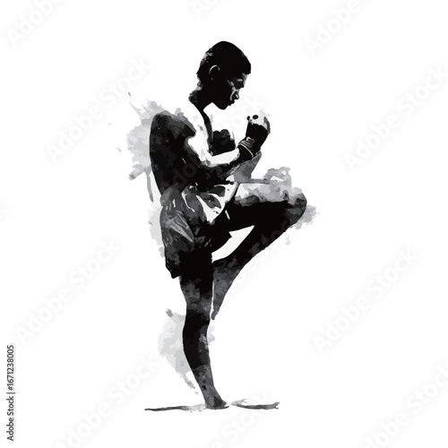 A martial artist performs a striking technique with focused determination in an urban setting. Their stance reflects precision and strength, highlighting dedication to their craft.