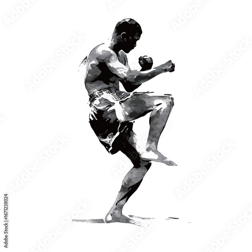 A martial artist performs a striking technique with focused determination in an urban setting. Their stance reflects precision and strength, highlighting dedication to their craft.