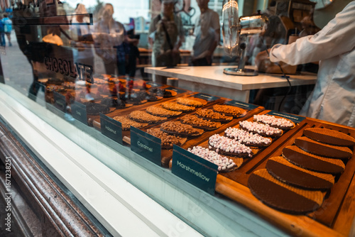 Photography Chocolate Waffles Display in Shop Window with Toppings