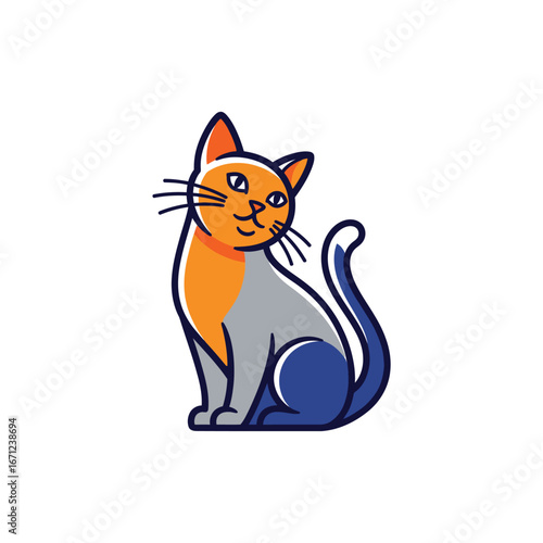 Cute cartoon cat sitting with a happy expression in orange gray and blue colors