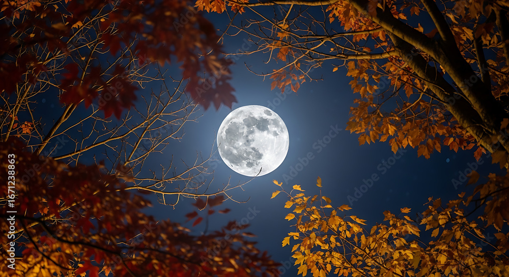 Naklejka premium Ethereal Full Moon Ascends Through Autumn Foliage, Illuminating a Starry Night Sky.