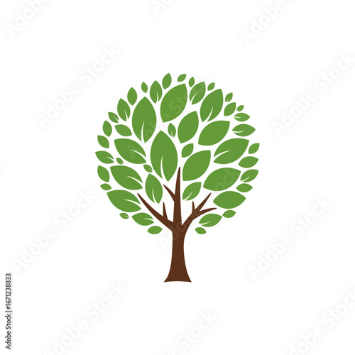 Stylized tree with green leaves forming a circle on a white background design