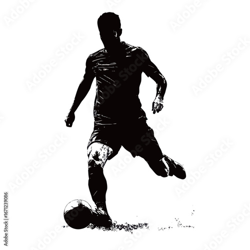 A silhouette of a soccer player in action, skillfully dribbling the ball. The scene captures the energy of a match, emphasizing athleticism and movement against a light background.