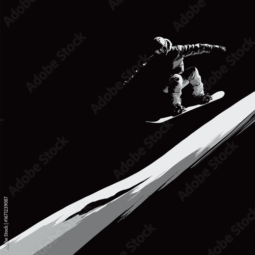 A snowboarder launches off a snowy ramp, soaring through the air with skill and precision. The dark background emphasizes the dramatic moment of the jump, showcasing athleticism in winter sports.