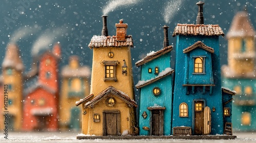 Christmas snowy village rooftops chimney smoke festive seasonal holiday winter cozy decorative natural magical background panoramic