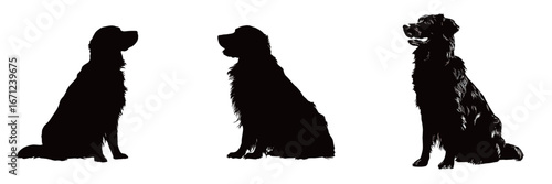 Three distinct dog silhouettes are lined up, showcasing different breeds. Each dog has its own unique fur texture and posture, highlighting their individual characteristics.