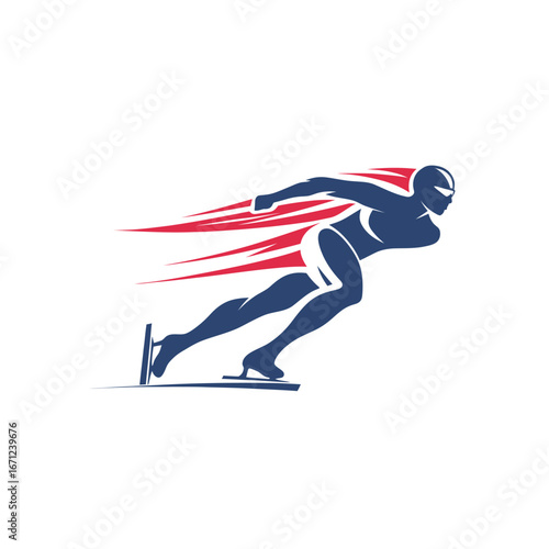 A speed skater propels forward with intense focus, featuring streamlined design and dynamic motion lines representing speed. The athlete showcases skill and agility on the rink.