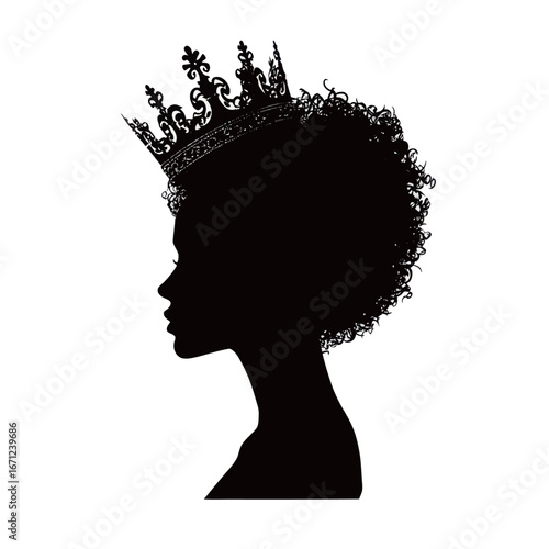 A striking silhouette features the profile of a woman with a beautifully styled curly afro, elegantly adorned with a detailed crown. The image highlights empowerment and grace.