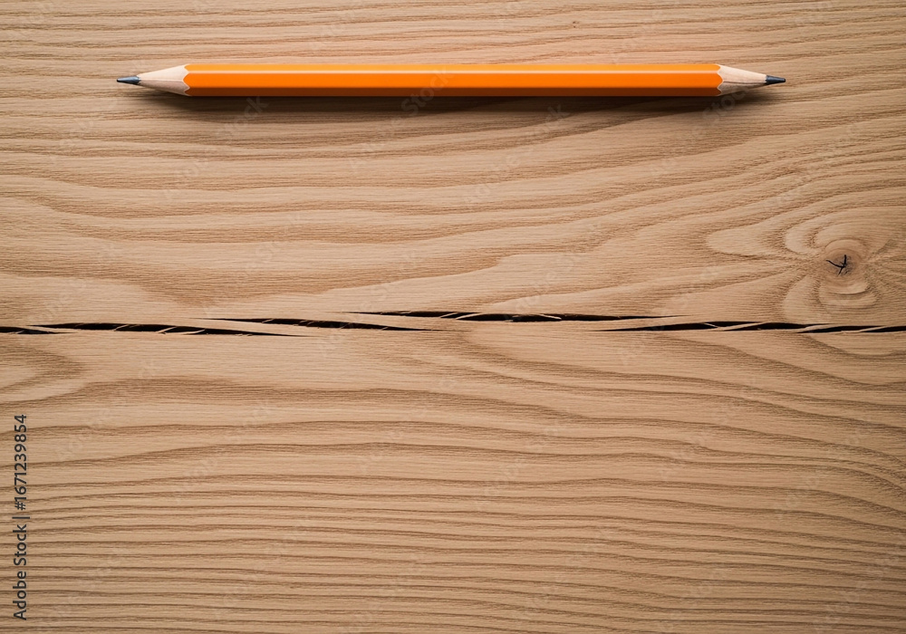 Obraz premium Single orange pencil lying horizontally on a textured wooden surface