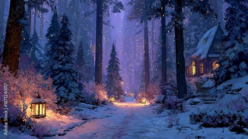 Christmas winter forest path snowy trees glowing lanterns festive seasonal holiday magical cozy decorative landscape illustration