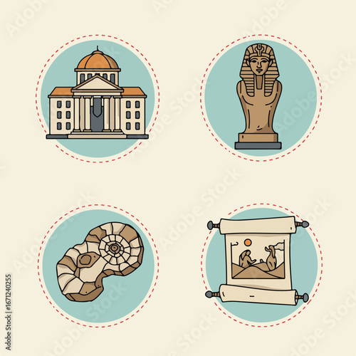 History icons building, statue, fossil, scroll