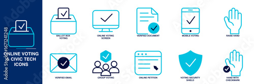 Online Voting and Civic Tech Blue Colored Outline Icon Set