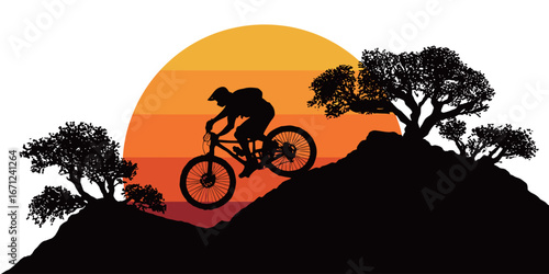 A cyclist climbs a steep mountain as the sun sets, casting vibrant orange and yellow hues against a silhouetted landscape of trees. The moment captures the thrill of outdoor adventure.