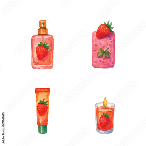 Watercolor Strawberry-Theme, Things Edition #2—Strawberry Perfume, Soap, Sunscreen, and Aromatherapy Candle. Vector Illustration. Design Element. Clip art. Suitable for artwork design.