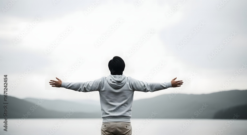 Man with Open Arms Facing Lake and Mountains. Freedom, Inspiration, Mindfulness, and Connection with Nature Man with Open Arms Facing Lake and Mountains. Freedom, Inspiration, Mindfulness, and Connection with Nature