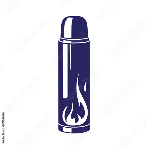 Stylized illustration of a blue thermos flask with flame design isolated on white background