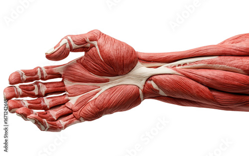 Detailed human hand anatomy with visible muscles and tendons isolated on transparent background
