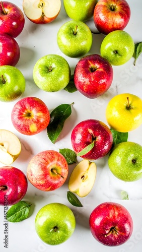 Colorful Apples Scattered on White Surface