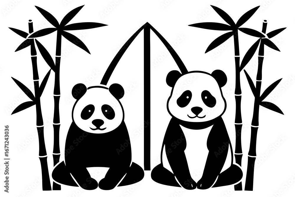 Fototapeta premium Panda sitting under bamboo silhouette vector