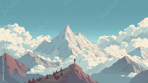 A figure stands triumphantly on a mountain summit, surrounded by majestic peaks under a clear blue sky, with fluffy clouds hovering above. The view showcases the beauty of nature.