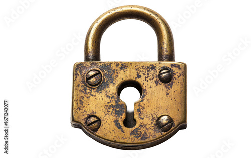 Antique brass padlock with keyhole isolated on transparent background
