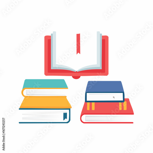 Modern set of book icons including open, closed, stacked, and digital ebook. Ideal for education, study, learning, reading, and library related projects