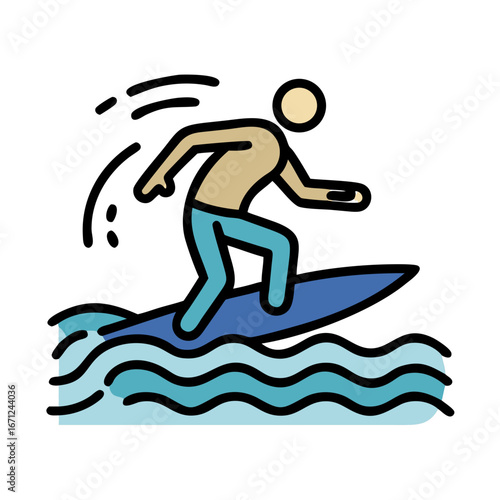 Surfer riding wave in colorful cartoon style illustration