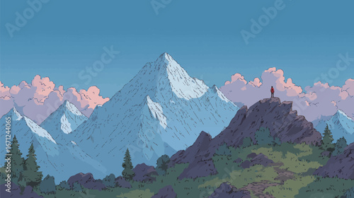 A figure stands triumphantly on a mountain summit, surrounded by majestic peaks under a clear blue sky, with fluffy clouds hovering above. The view showcases the beauty of nature.