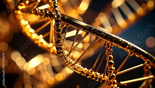 Close-up of a golden DNA double helix, shimmering against a dark background with bokeh