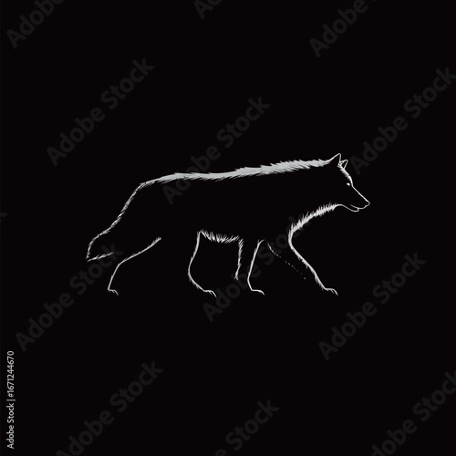 A striking silhouette features a wolf in mid-stride against a solid black background. The design highlights the creatures sleek body and distinctive features, emphasizing its wild nature.