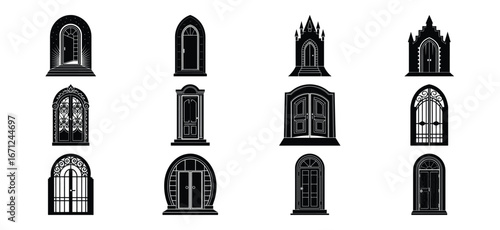 Collection of Gothic Style Door and Window Silhouettes in Black and White