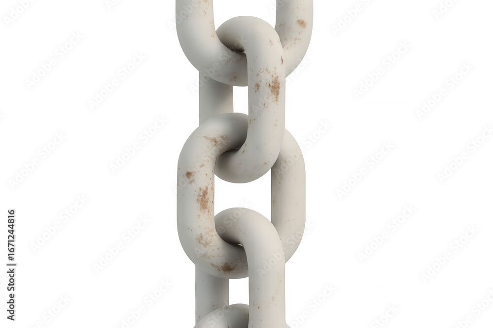 Naklejka premium White rusty metal chain dangling, showcasing industrial decay with metallic texture against transparent backdrop