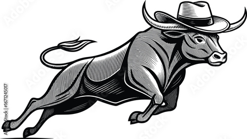 Powerful bull wearing a cowboy hat rearing up in a dynamic pose stylized engraving